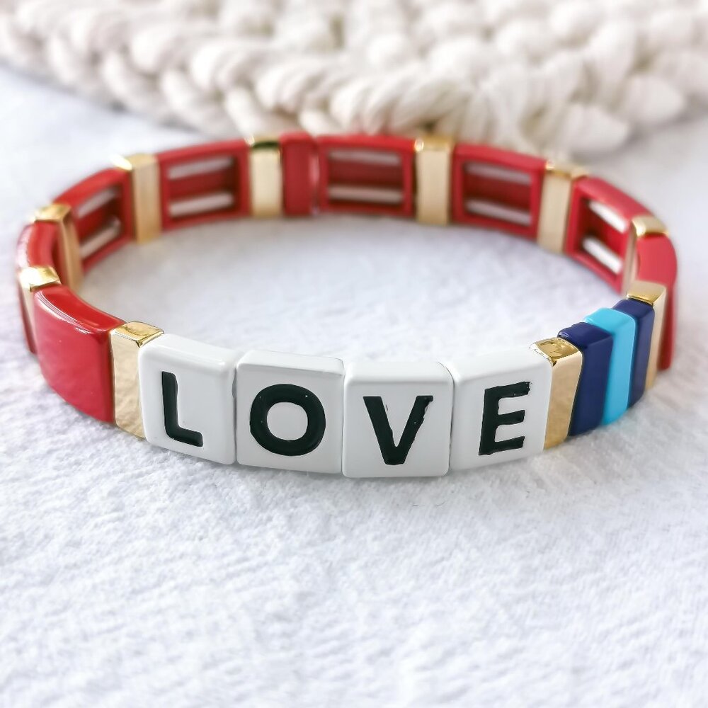 Authentic Roxanne Assoulin Just Say Love Gold Red Enamel Stretch Bracelet
